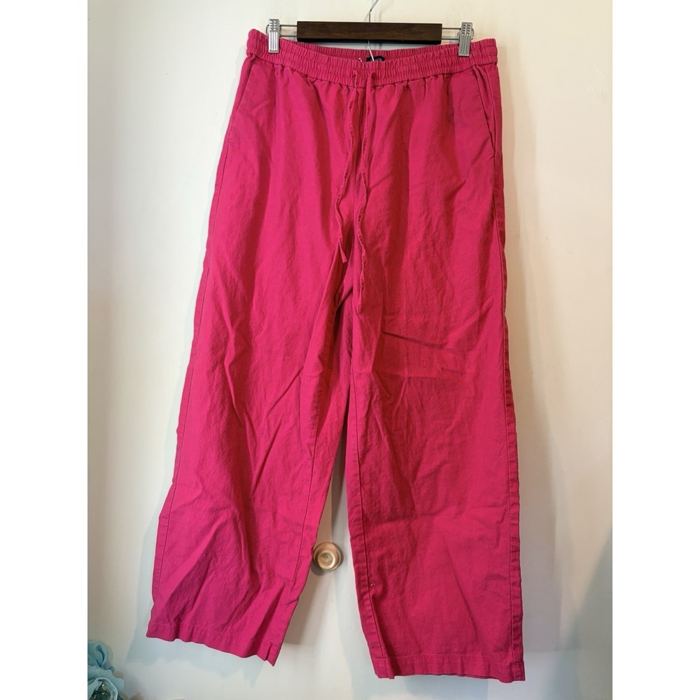 J.Crew Linen Blend Wide Leg Pants Women's Size 10 Pink Pull On Drawstring Casual